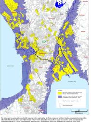 Floods maked in yellow, the green arrow is the site location.